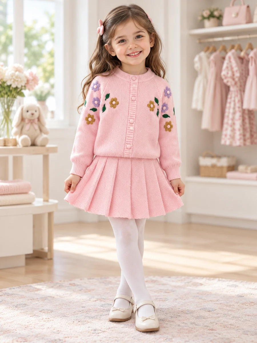 Niña con conjunto tejido floral rosa
