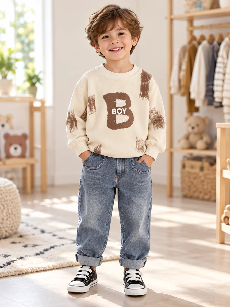 Niño con polera crema y pantalón denim